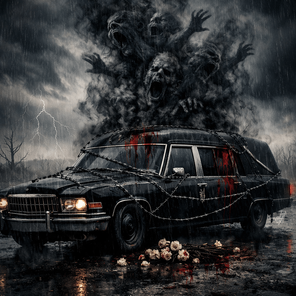 Black hearse with blood streaks and barbed wire, ghost faces in dark smoke above, rainy and stormy scene